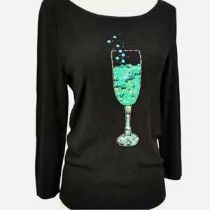 Lucia Burns XL Black Long Sleeve Pullover Bubbly Champagne Sequins Top T